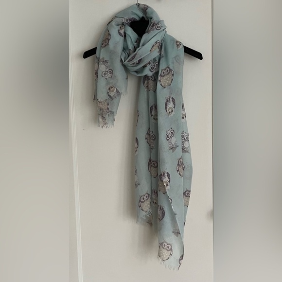 Large light blue whimsical Owl print lightweight fashion scarf. Eyelash fringes - Picture 3 of 11